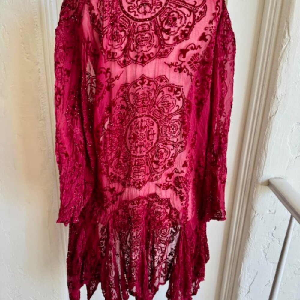 VINTAGE ROSE Stevie Nicks style Sheer Red Burnout Velvet Beaded KimonoCoat - Picture 7 of 9